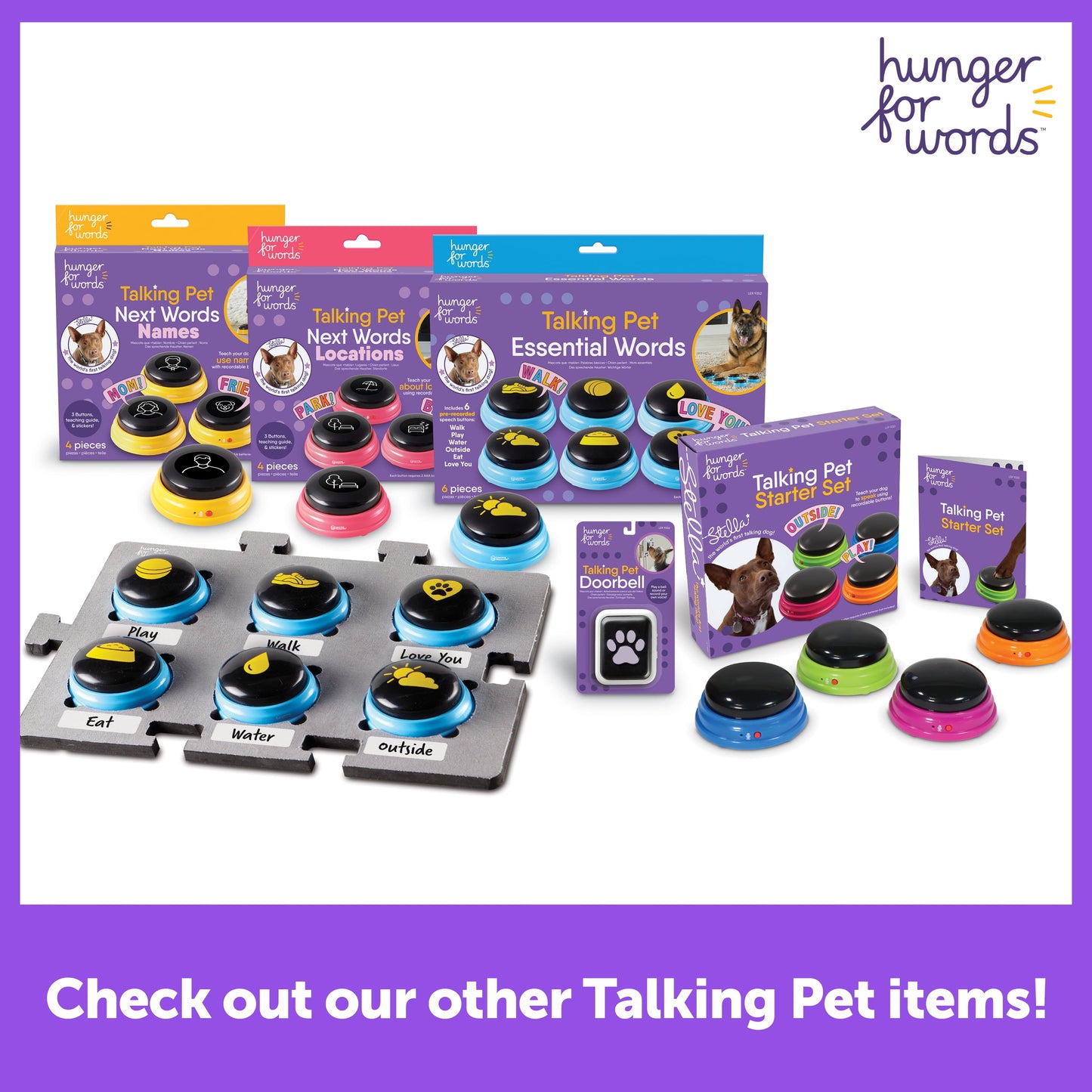 Hunger for Words Talking Pet Starter Set Recordable Buttons for Dog Training 4 Pack