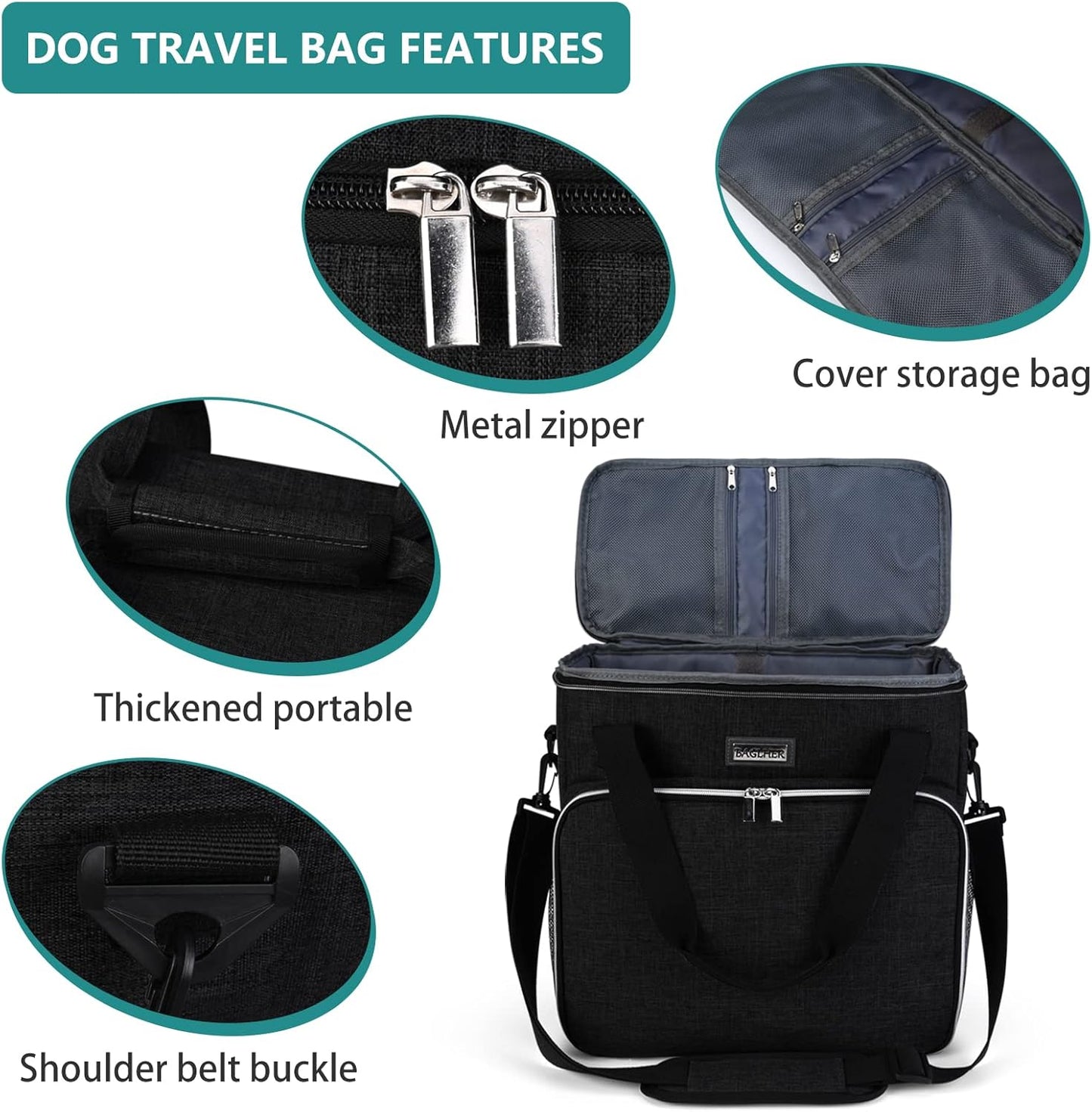 Dog Travel Bag, Pet Travel Bag (All Pet Travel Supplies), with 2 Pet Food Containers and 2 Collapsible Silicone Bowls; Essential Kits for Travel Black