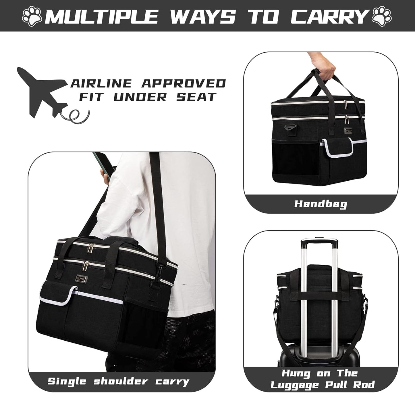 Dog Travel Bag for Supplies - Double-Layer Airline Approved Weekend Pet Travel Organizer Set for Dog and Cat Tote with 2 Pet Food Containers and 2 Collapsible Silicone Bowls Black