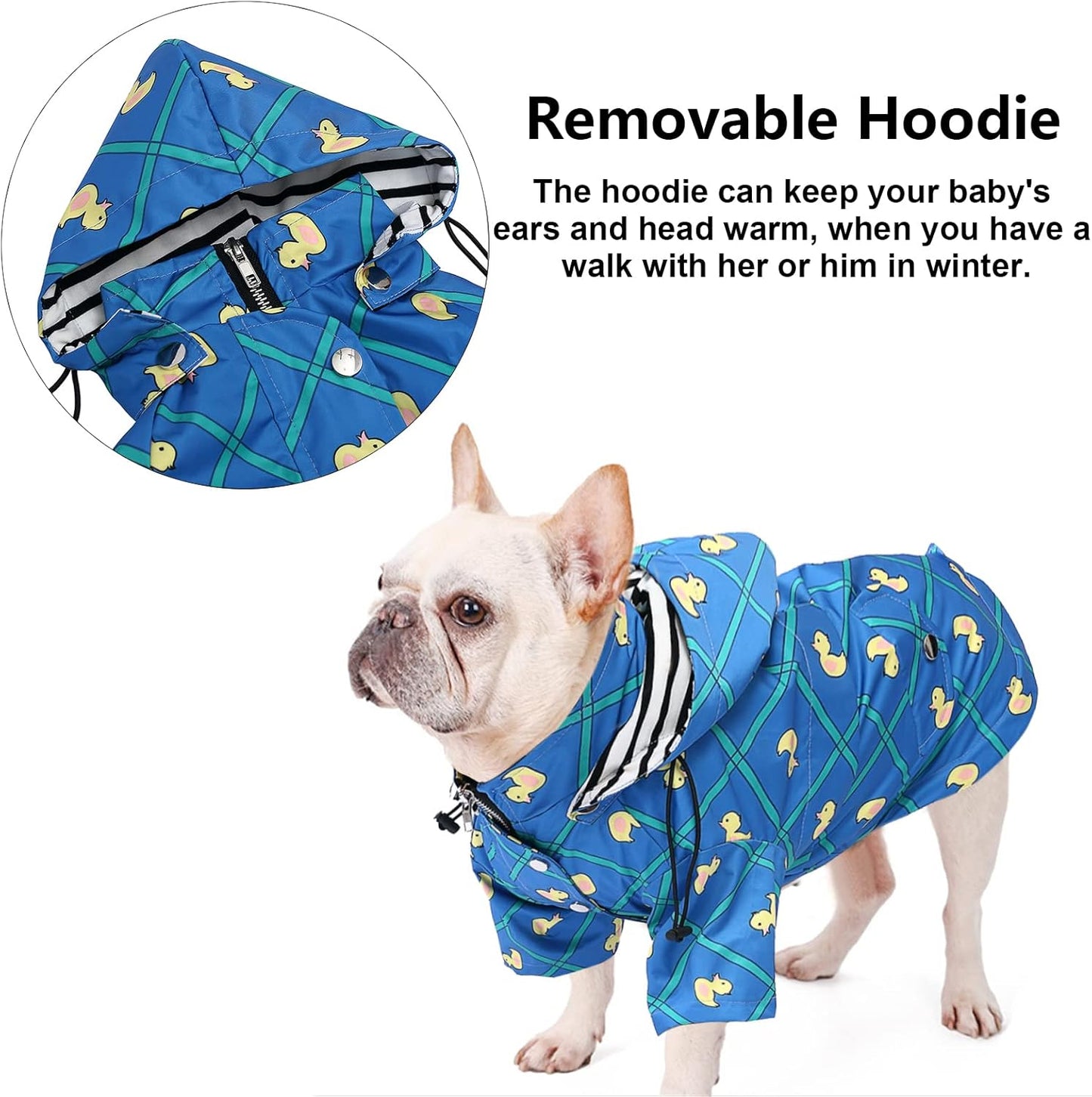 Dog Zip up Raincoat with Reflective Buttons, Rain/Water Resistant, Adjustable Drawstring, Removable Hood, Raincoats with Legs 8Lbs to 80Lbs Available - Grid Blue - Large