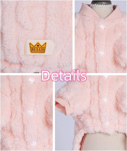 Plush Dog Pajamas for Cold Weather 4 Legged Clothes for Dog Cat Stretchy Puppy Kitten Onesie with Buttons Warm Soft Pet Jumpsuit Winter Coat Pink X-Large