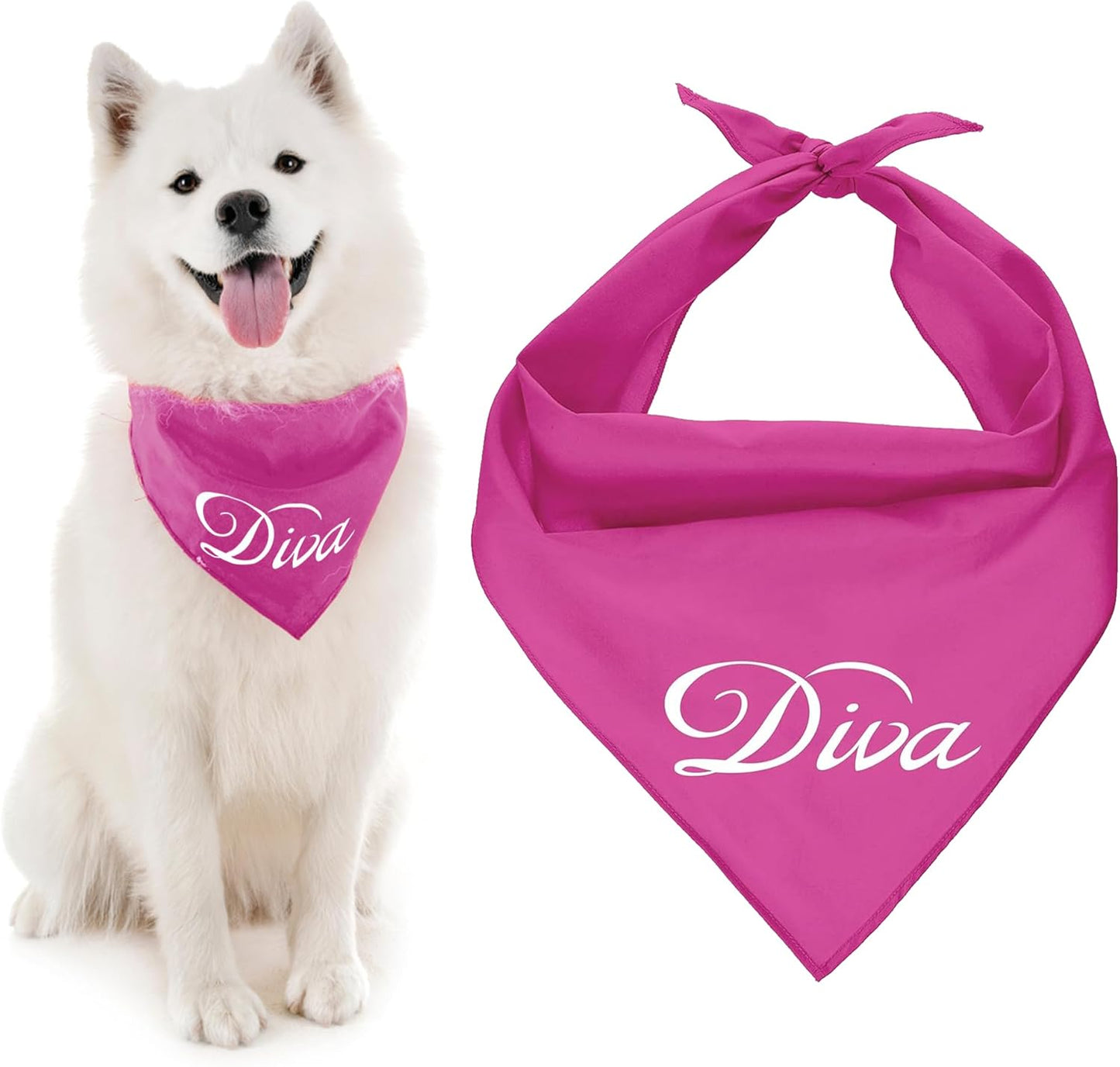 Dog Bandanas with Printed 'Diva' Word - Classy Tie-On Adjustable Girl Dogs Bandana - Scarf for Large Dogs - Washable Triangle Female Dog Bib - Pink Handkerchief for Pets - L