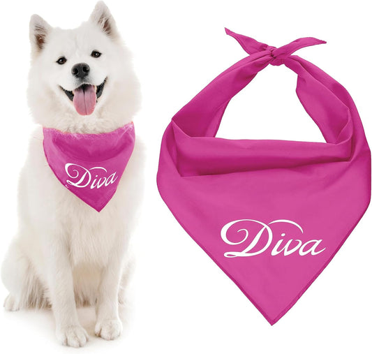 Dog Bandanas with Printed 'Diva' Word - Classy Tie-On Adjustable Girl Dogs Bandana - Scarf for Large Dogs - Washable Triangle Female Dog Bib - Pink Handkerchief for Pets - L