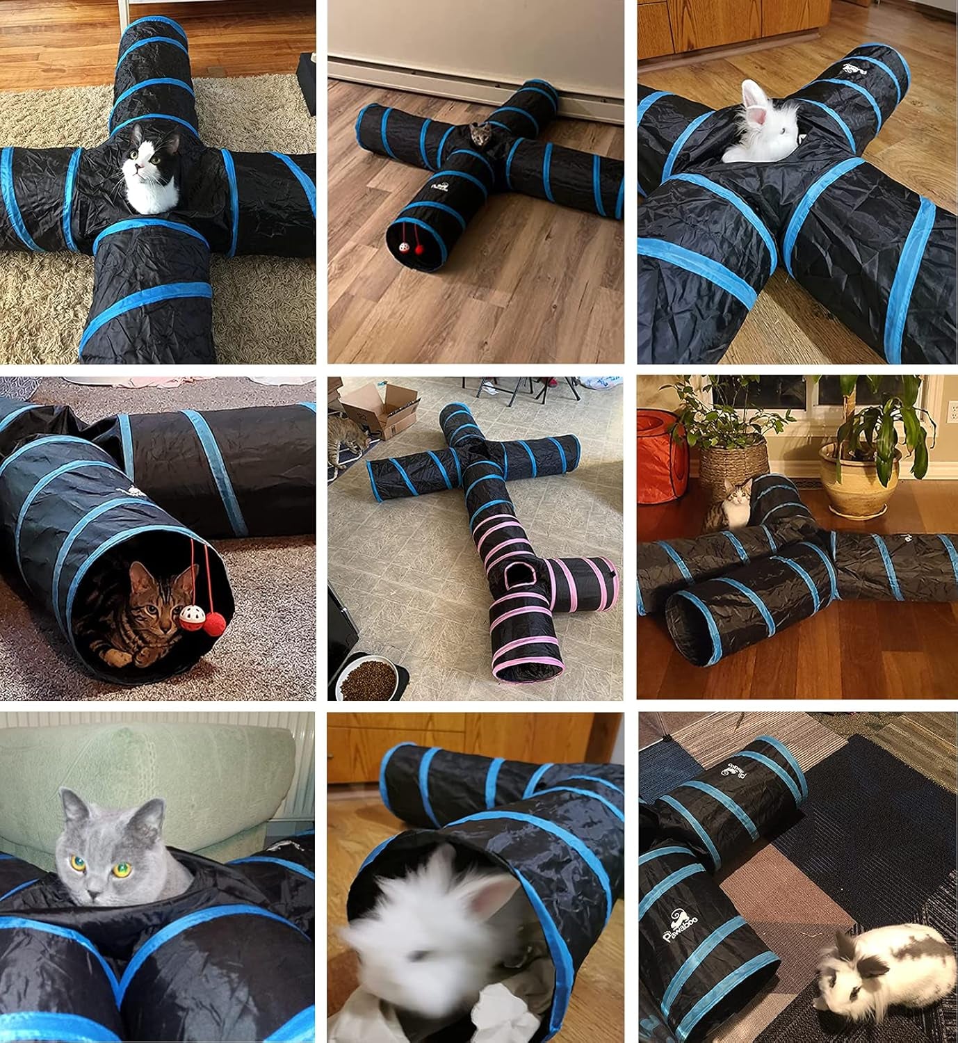 Premium 4-Way Cat Tunnel Toy - Interactive Collapsible Maze with Pompons & Bells for Cats, Kittens, Puppies, and Rabbits - Black & Light Blue