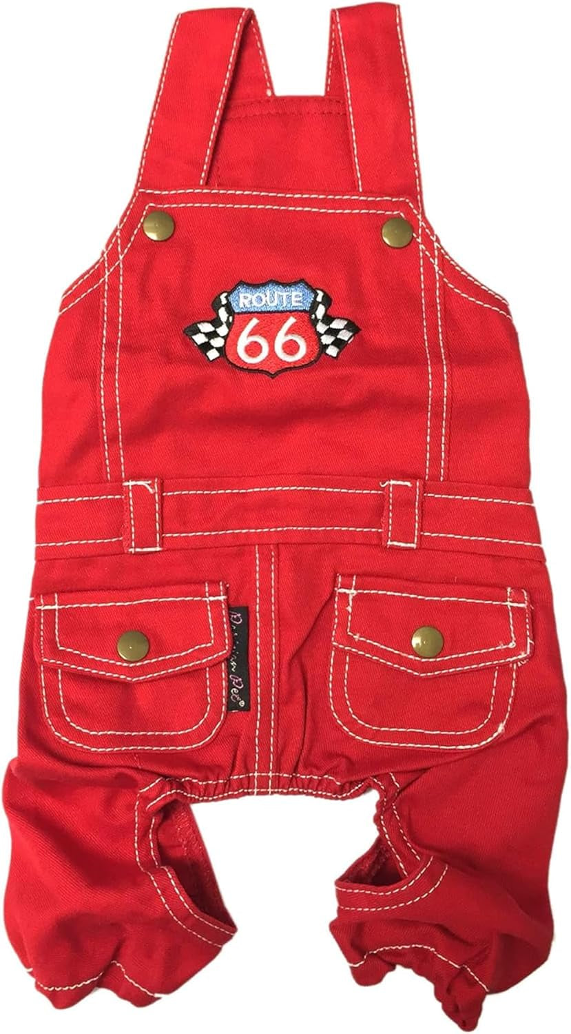 Denim Dog Overalls - Embroidered 'Route 66' Red Jumpsuit - Breathable, Machine-Washable Medium Dog Costume