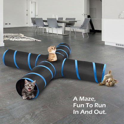 Premium 4-Way Cat Tunnel Toy - Interactive Collapsible Maze with Pompons & Bells for Cats, Kittens, Puppies, and Rabbits - Black & Light Blue