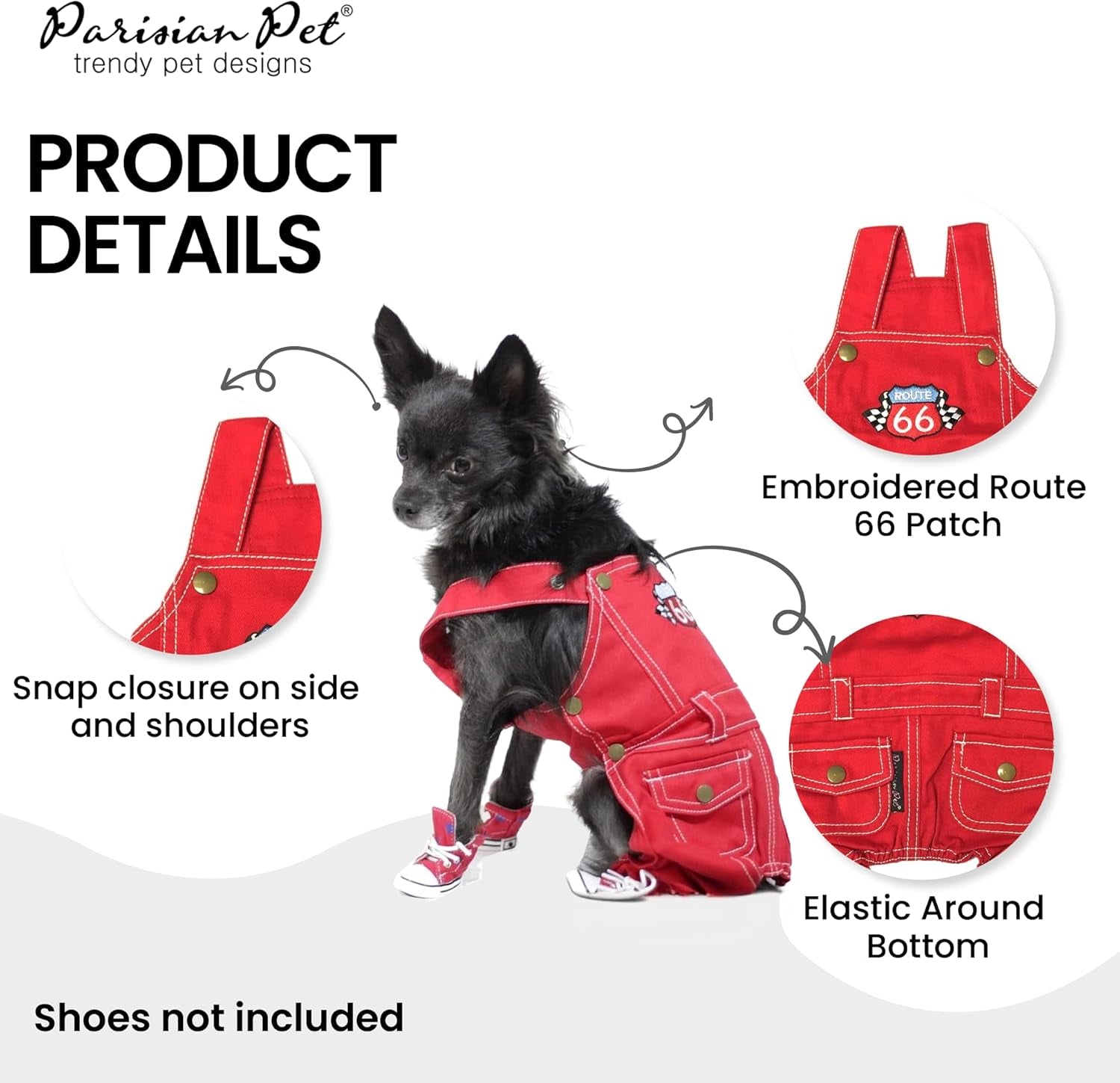Denim Dog Overalls - Embroidered 'Route 66' Red Jumpsuit - Breathable, Machine-Washable Medium Dog Costume