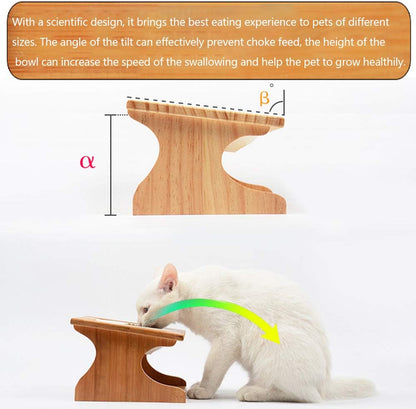 Cat Bowls Pet Dining Table with Raised Slope Wooden Stand Elevated Pet Bowls with Oblique Stand for Cats, Dogs, Kitten and Puppy (3 Bowls, Ceramics)