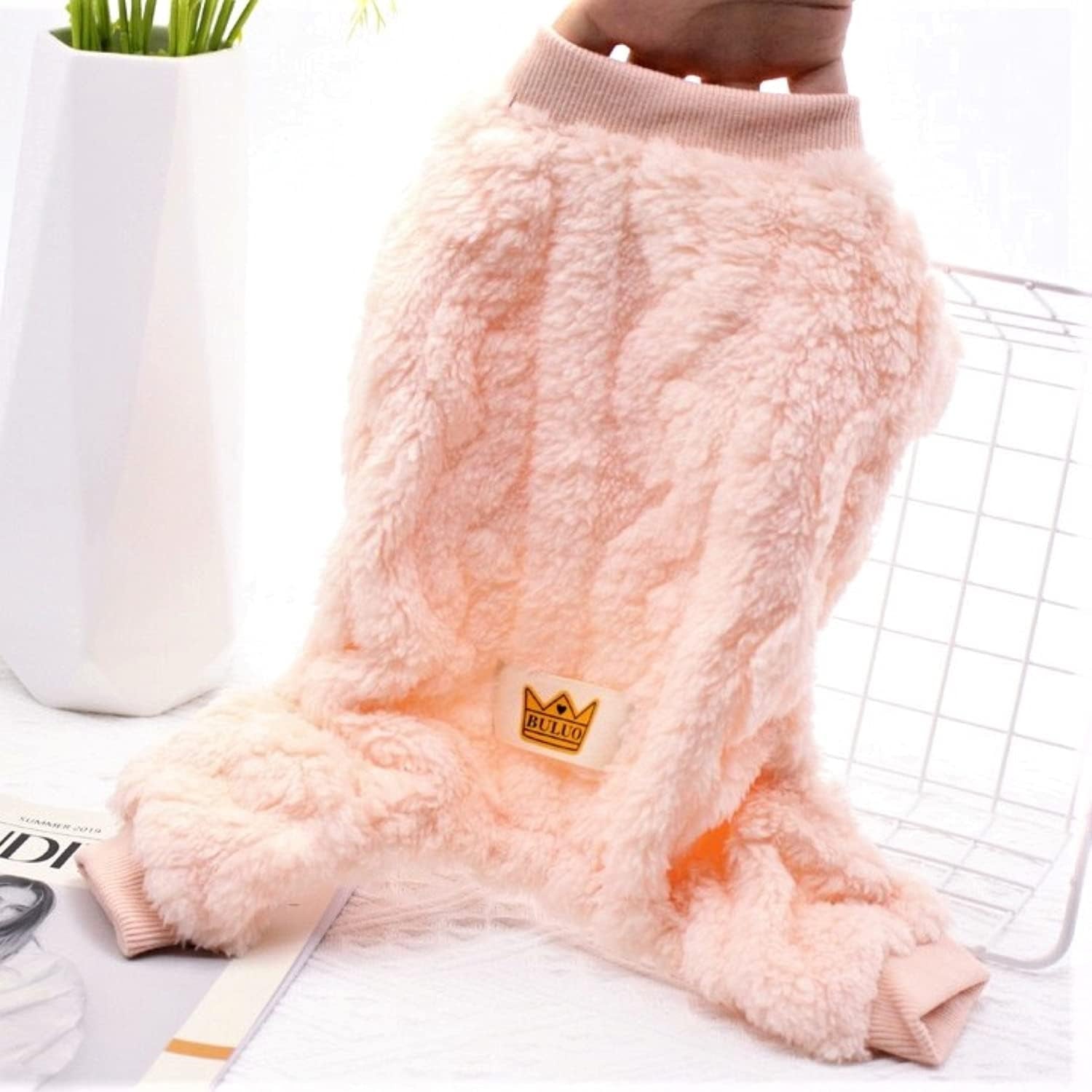 Plush Dog Pajamas for Cold Weather 4 Legged Clothes for Dog Cat Stretchy Puppy Kitten Onesie with Buttons Warm Soft Pet Jumpsuit Winter Coat Pink X-Large