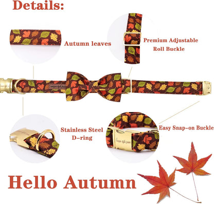Fall Dog Collar with Bow, Puppy Collar Pet Gift Adjustable Dog Collar Soft and Comfy Bowtie Collars for Large Girl or Boy Dogs