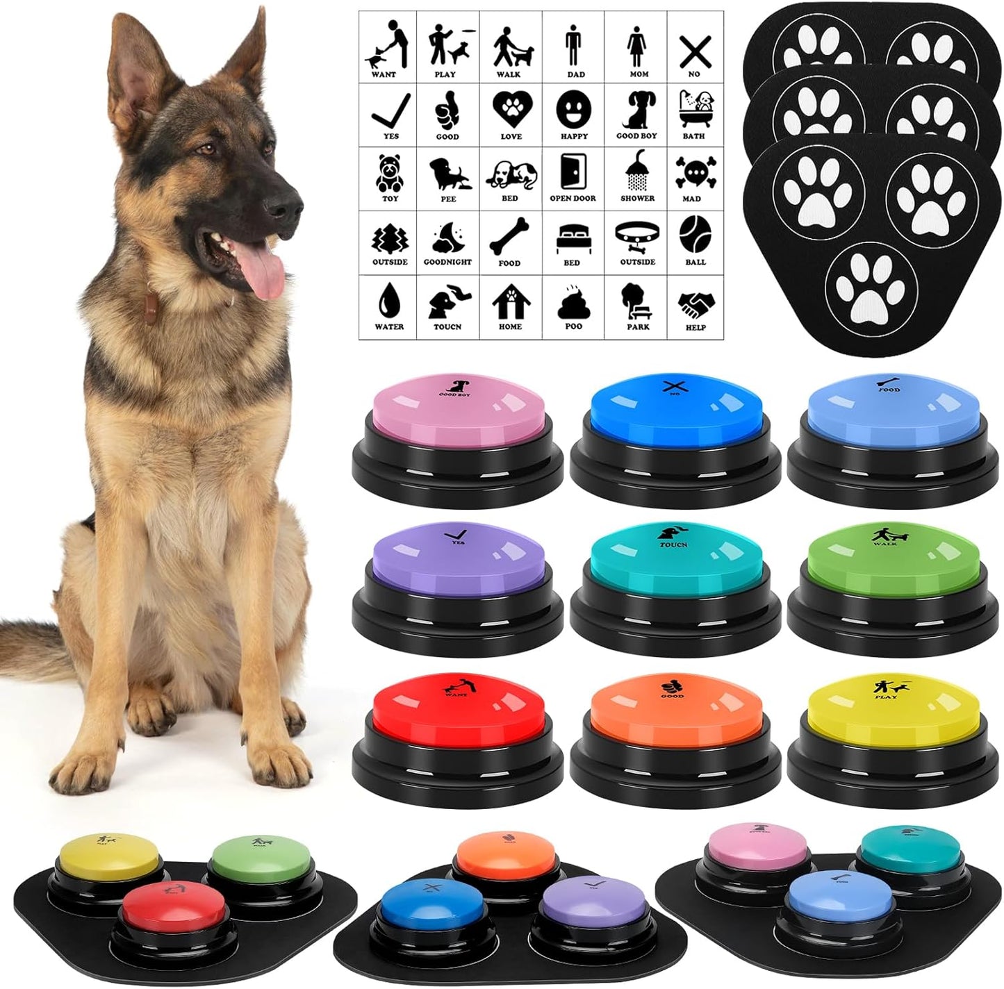 Dog Buttons for Communication, 9 Pcs Dog Talking Button Set, 30S Voice Recording Speaking Button Pet Speech Training Buzzers with 30 Scene Stickers and Waterproof Anti-Slip Mat for Animal Training