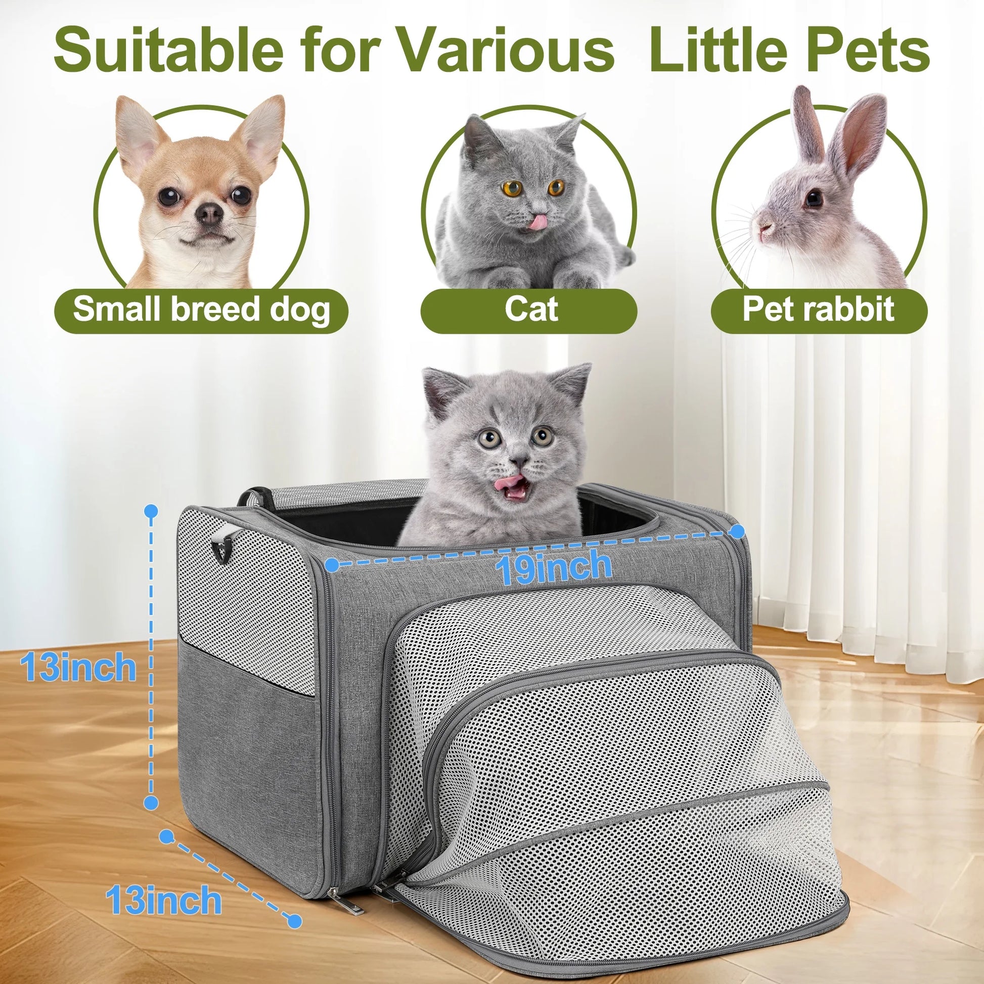 Expandable Pet Carrier, Airline Approved Collapsible Soft-Sided Carrier for Cats, Puppies, and Small Dogs (19"X 13"X 13")