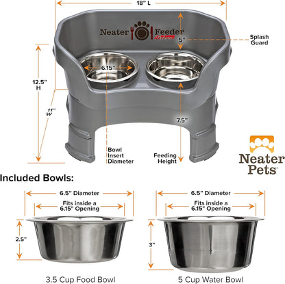 Neater Feeder Deluxe Mess Proof Dog Bowls Elevated Medium Sized Dogs (19-40 Lbs) Made in USA, No Spill Raised Dog Food Bowl Stand W/Leg Extension, Stainless Steel Food and Water Bowl Set, Grey