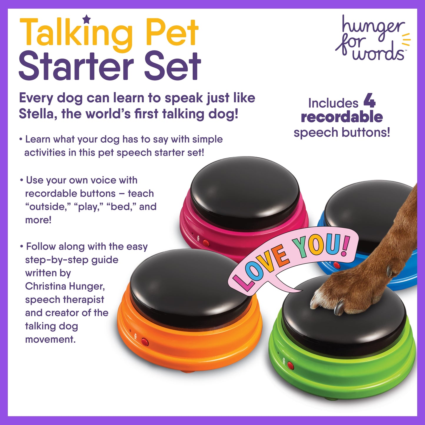 Hunger for Words Talking Pet Starter Set Recordable Buttons for Dog Training 4 Pack