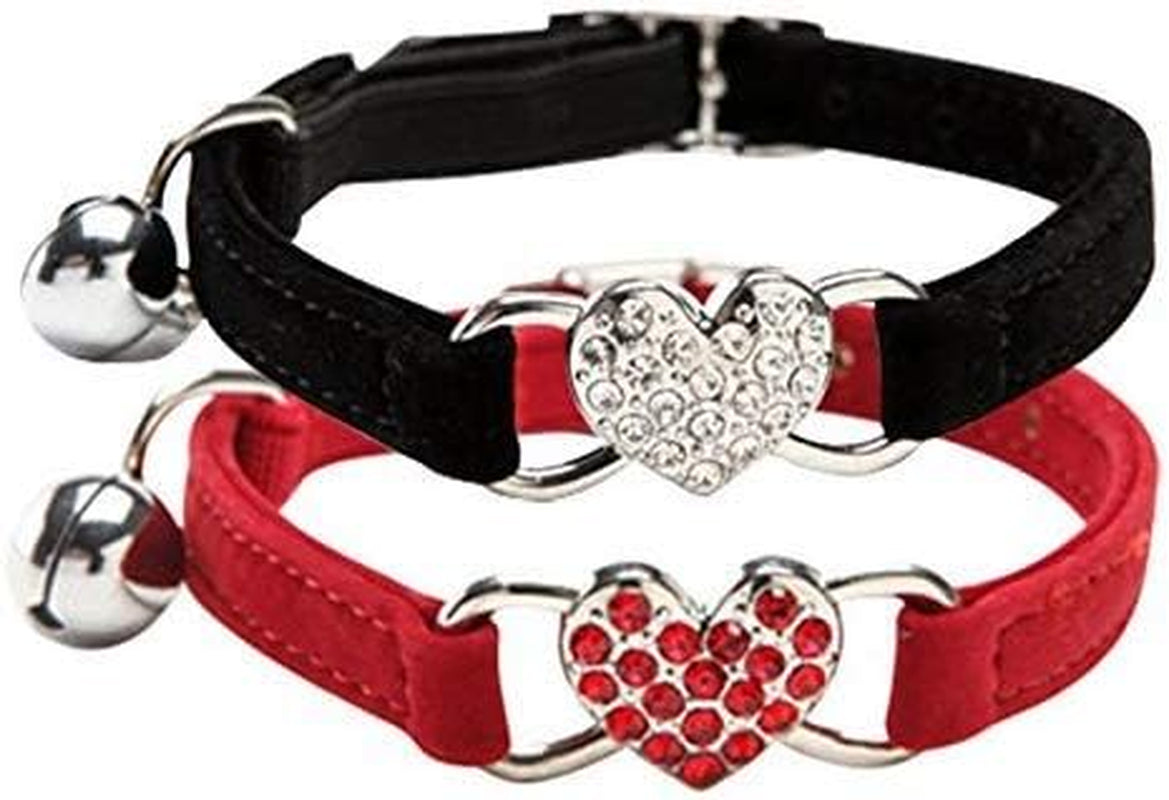 Pink Soft Velvet Safe Cat Adjustable Collar with Crystal Heart Charm and Bells 8-11 Inches(Black+Red)
