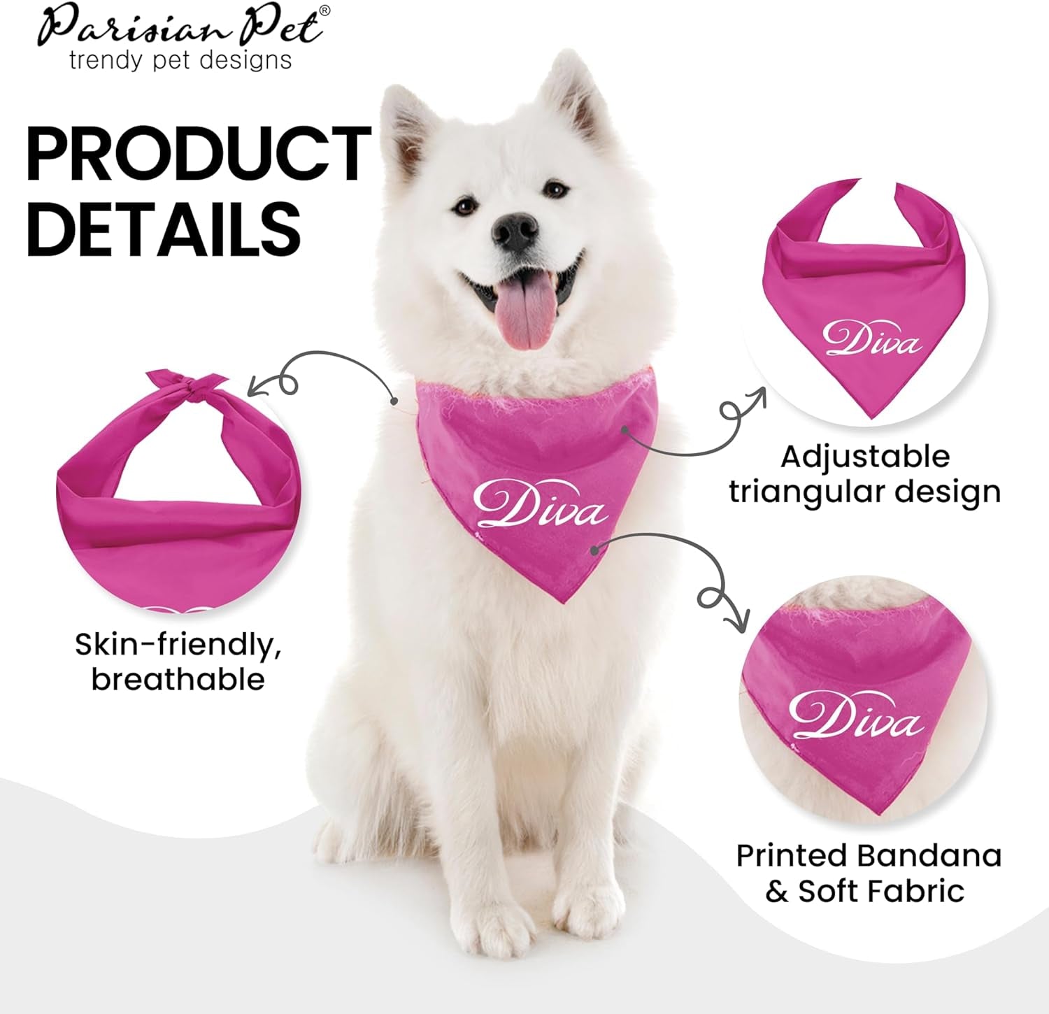 Dog Bandanas with Printed 'Diva' Word - Classy Tie-On Adjustable Girl Dogs Bandana - Scarf for Large Dogs - Washable Triangle Female Dog Bib - Pink Handkerchief for Pets - L