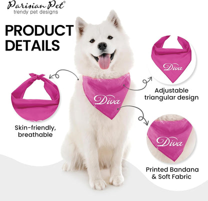 Dog Bandanas with Printed 'Diva' Word - Classy Tie-On Adjustable Girl Dogs Bandana - Scarf for Large Dogs - Washable Triangle Female Dog Bib - Pink Handkerchief for Pets - L