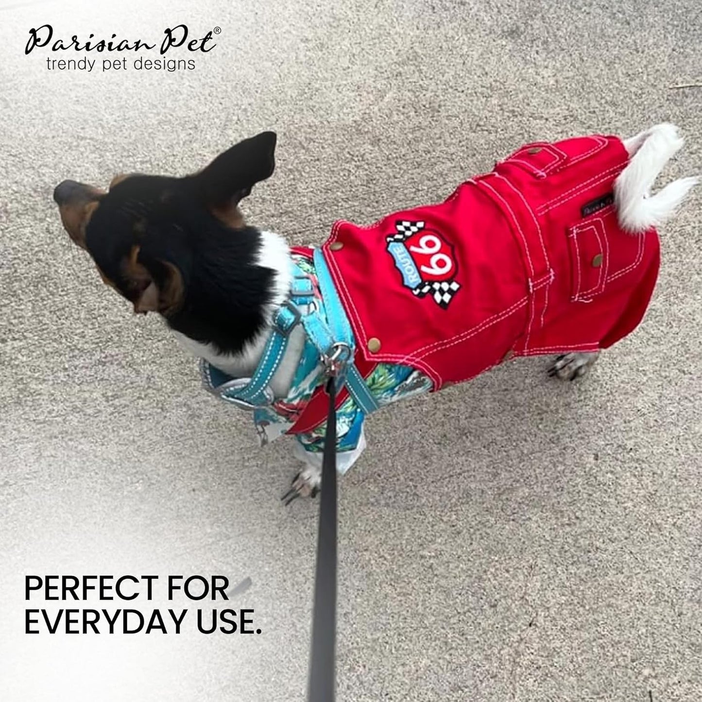 Denim Dog Overalls - Embroidered 'Route 66' Red Jumpsuit - Breathable, Machine-Washable Medium Dog Costume