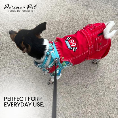 Denim Dog Overalls - Embroidered 'Route 66' Red Jumpsuit - Breathable, Machine-Washable Medium Dog Costume