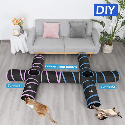 Premium 4-Way Cat Tunnel Toy - Interactive Collapsible Maze with Pompons & Bells for Cats, Kittens, Puppies, and Rabbits - Black & Light Blue