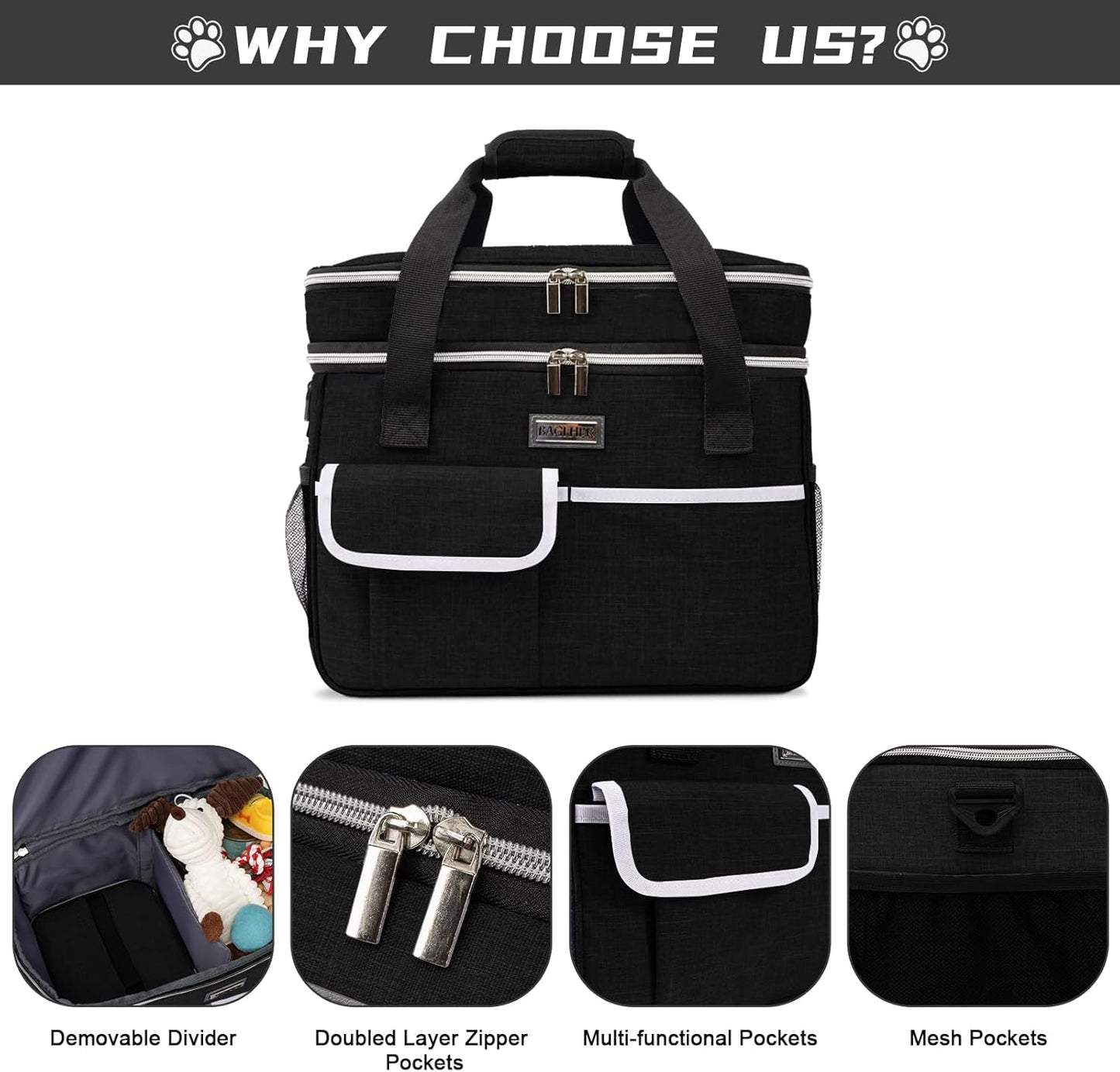 Dog Travel Bag for Supplies - Double-Layer Airline Approved Weekend Pet Travel Organizer Set for Dog and Cat Tote with 2 Pet Food Containers and 2 Collapsible Silicone Bowls Black