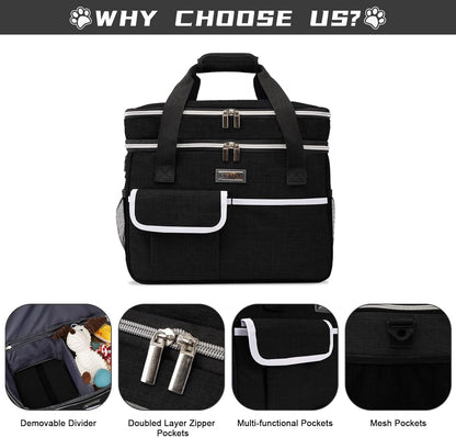 Dog Travel Bag for Supplies - Double-Layer Airline Approved Weekend Pet Travel Organizer Set for Dog and Cat Tote with 2 Pet Food Containers and 2 Collapsible Silicone Bowls Black