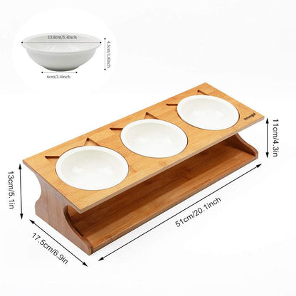 Cat Bowls Pet Dining Table with Raised Slope Wooden Stand Elevated Pet Bowls with Oblique Stand for Cats, Dogs, Kitten and Puppy (3 Bowls, Ceramics)