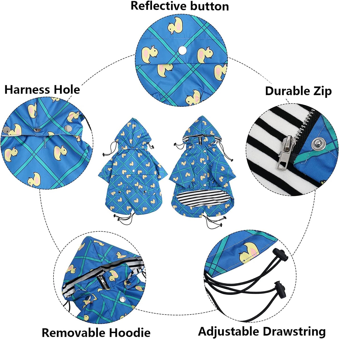 Dog Zip up Raincoat with Reflective Buttons, Rain/Water Resistant, Adjustable Drawstring, Removable Hood, Raincoats with Legs 8Lbs to 80Lbs Available - Grid Blue - Large