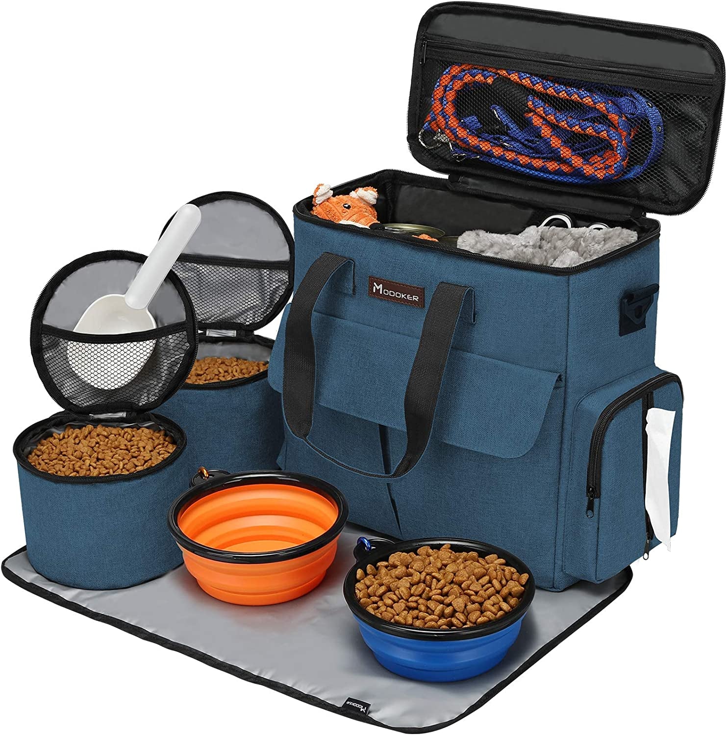 Ultimate Dog Travel Bag: Airline Approved Weekend Pet Set with Multi-Function Pockets, Food Storage Containers, Collapsible Bowls & Feeding Mat (Blue)