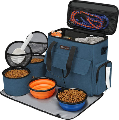 Ultimate Dog Travel Bag: Airline Approved Weekend Pet Set with Multi-Function Pockets, Food Storage Containers, Collapsible Bowls & Feeding Mat (Blue)