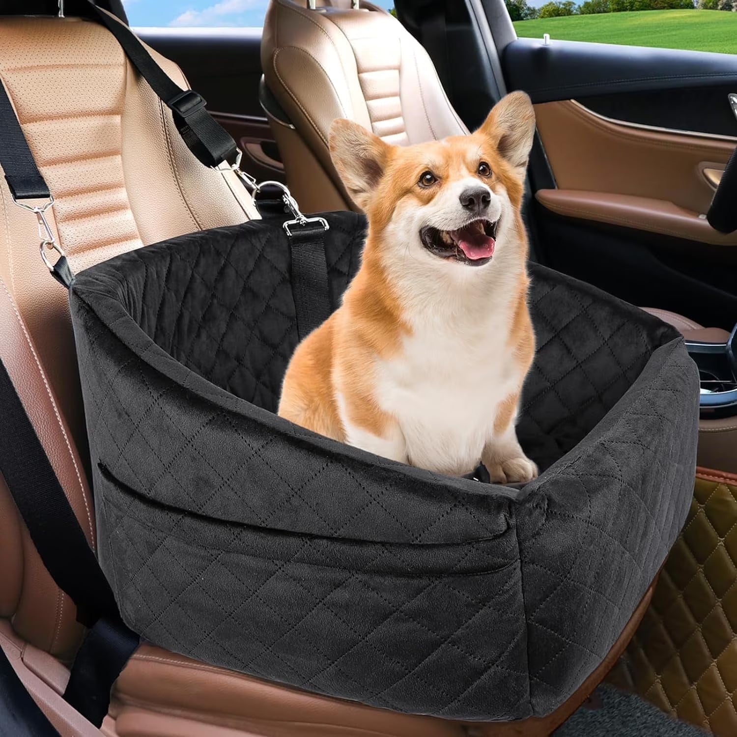 Dog Car Seat for Small Medium Dogs,Detachable Washable Dog Booster Seat under 30Lbs, Pet Car Seat Travel Bed with Storage Pockets and Dog Safety Belt (Black)