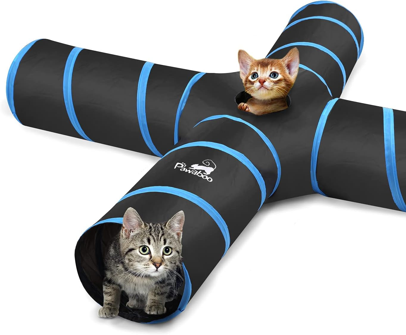 Premium 4-Way Cat Tunnel Toy - Interactive Collapsible Maze with Pompons & Bells for Cats, Kittens, Puppies, and Rabbits - Black & Light Blue