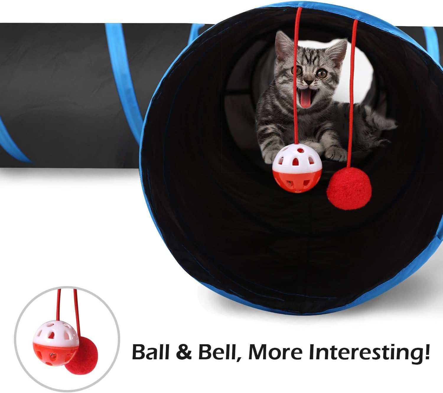 Premium 4-Way Cat Tunnel Toy - Interactive Collapsible Maze with Pompons & Bells for Cats, Kittens, Puppies, and Rabbits - Black & Light Blue
