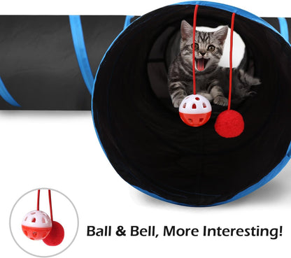 Premium 4-Way Cat Tunnel Toy - Interactive Collapsible Maze with Pompons & Bells for Cats, Kittens, Puppies, and Rabbits - Black & Light Blue