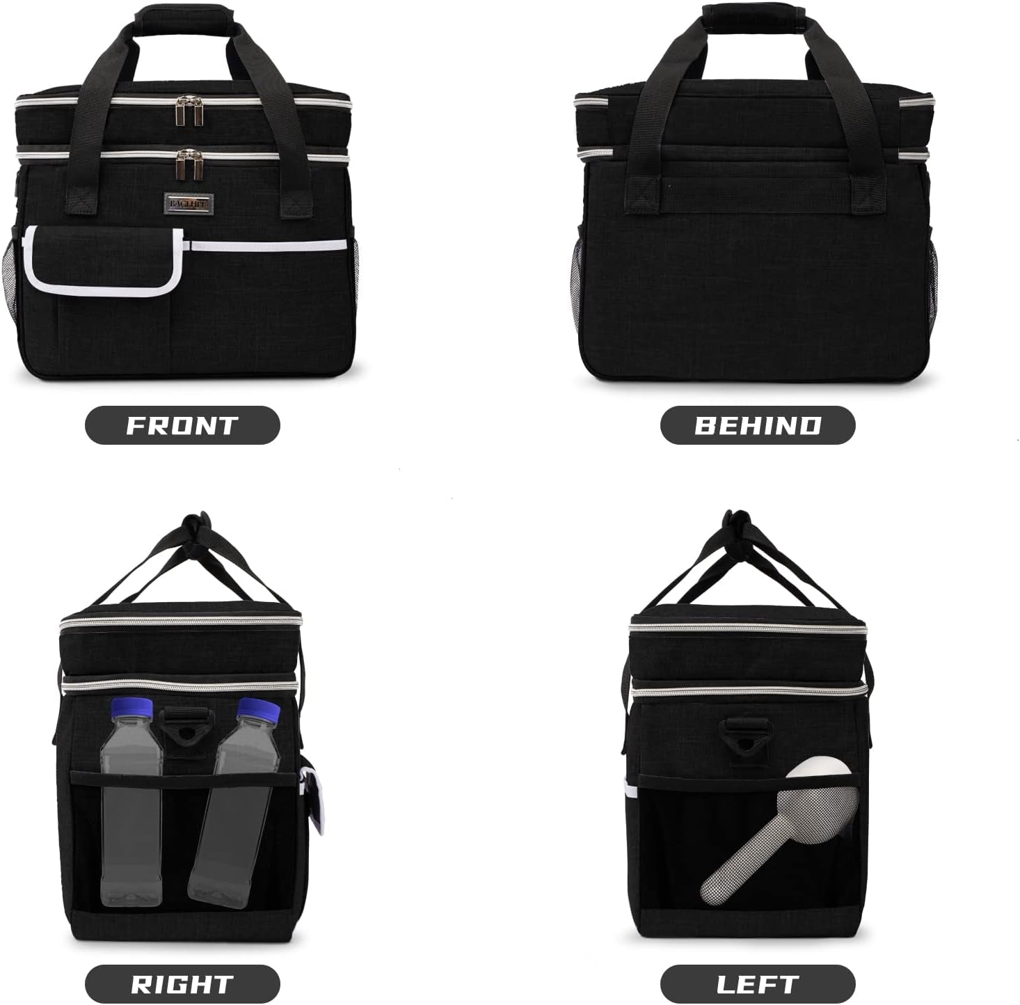 Dog Travel Bag for Supplies - Double-Layer Airline Approved Weekend Pet Travel Organizer Set for Dog and Cat Tote with 2 Pet Food Containers and 2 Collapsible Silicone Bowls Black