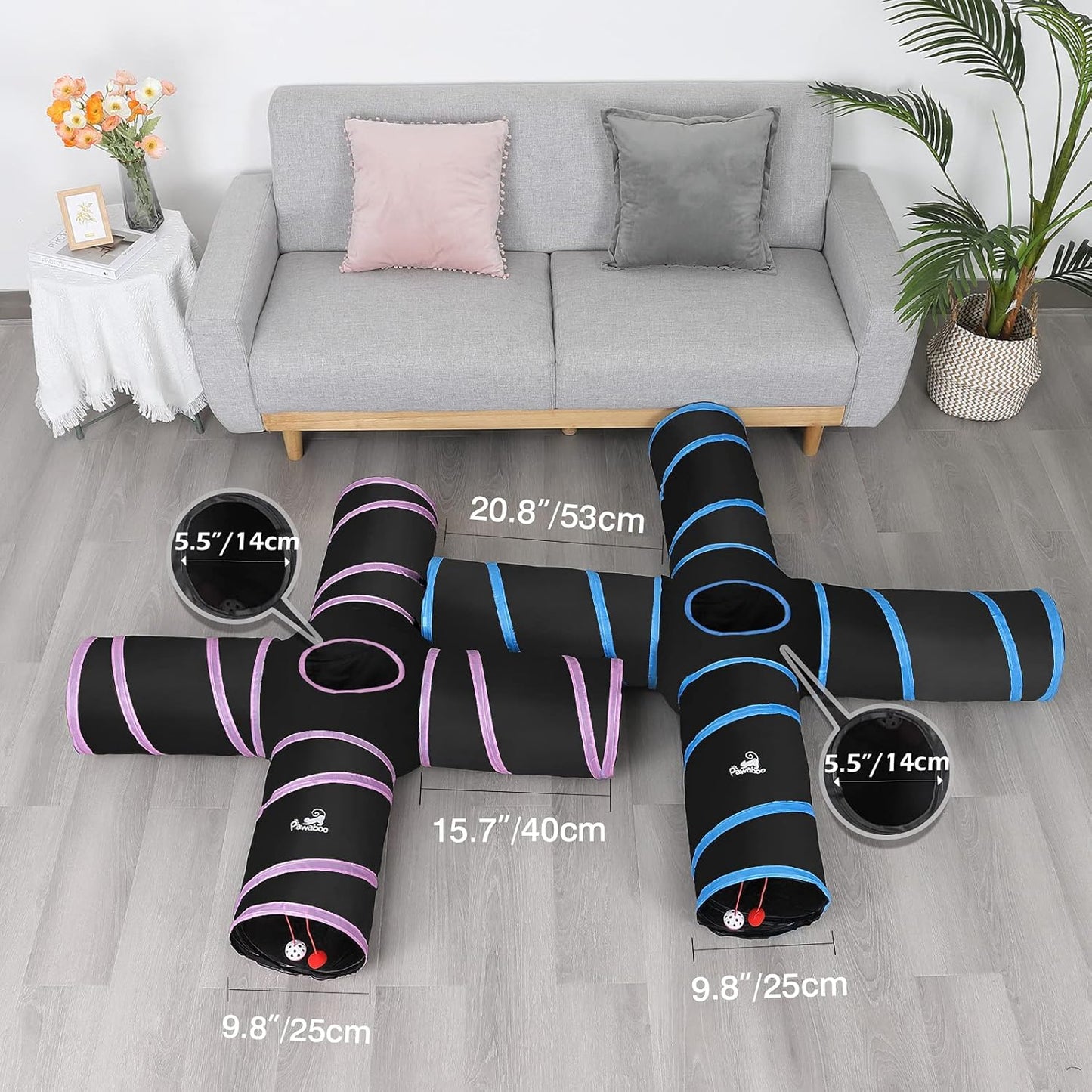 Premium 4-Way Cat Tunnel Toy - Interactive Collapsible Maze with Pompons & Bells for Cats, Kittens, Puppies, and Rabbits - Black & Light Blue