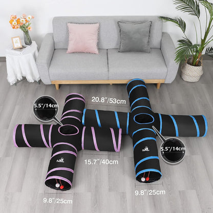 Premium 4-Way Cat Tunnel Toy - Interactive Collapsible Maze with Pompons & Bells for Cats, Kittens, Puppies, and Rabbits - Black & Light Blue