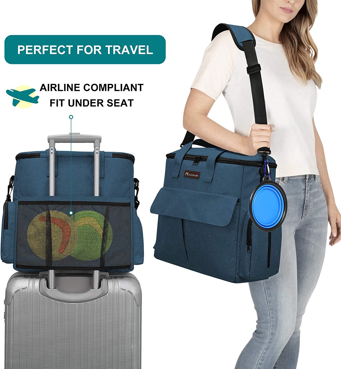 Ultimate Dog Travel Bag: Airline Approved Weekend Pet Set with Multi-Function Pockets, Food Storage Containers, Collapsible Bowls & Feeding Mat (Blue)