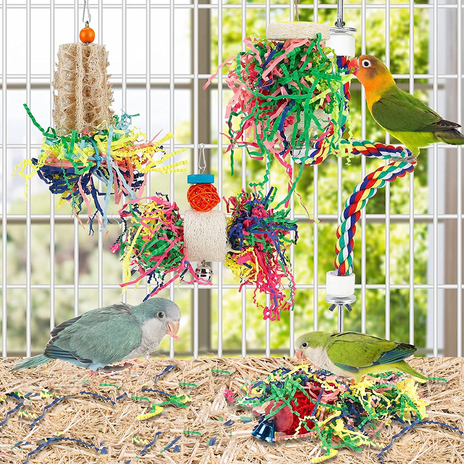 Colorful Bird Foraging and Chewing Toys - Perfect for Parakeets, Conures, Cockatiels, Budgies, Lovebirds, and Parrotlets (Rope Perch Not Included)