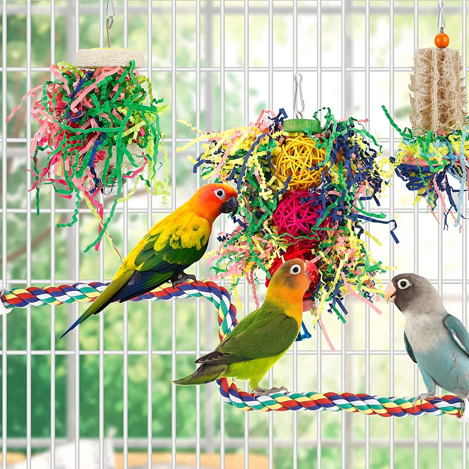 Colorful Bird Foraging and Chewing Toys - Perfect for Parakeets, Conures, Cockatiels, Budgies, Lovebirds, and Parrotlets (Rope Perch Not Included)