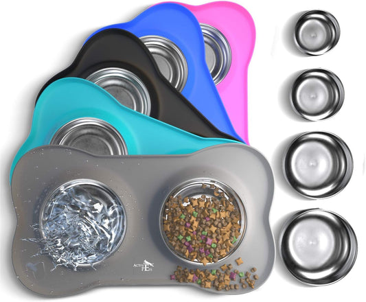 Dog Bowl Set, Stainless Steel No Spill Mess-Proof Food & Water Food Bowls with Skid Resistant Silicone Mat, Dog Bowls Small Size Dog, Medium, & Large, Pet Puppy Bowls & Dishes