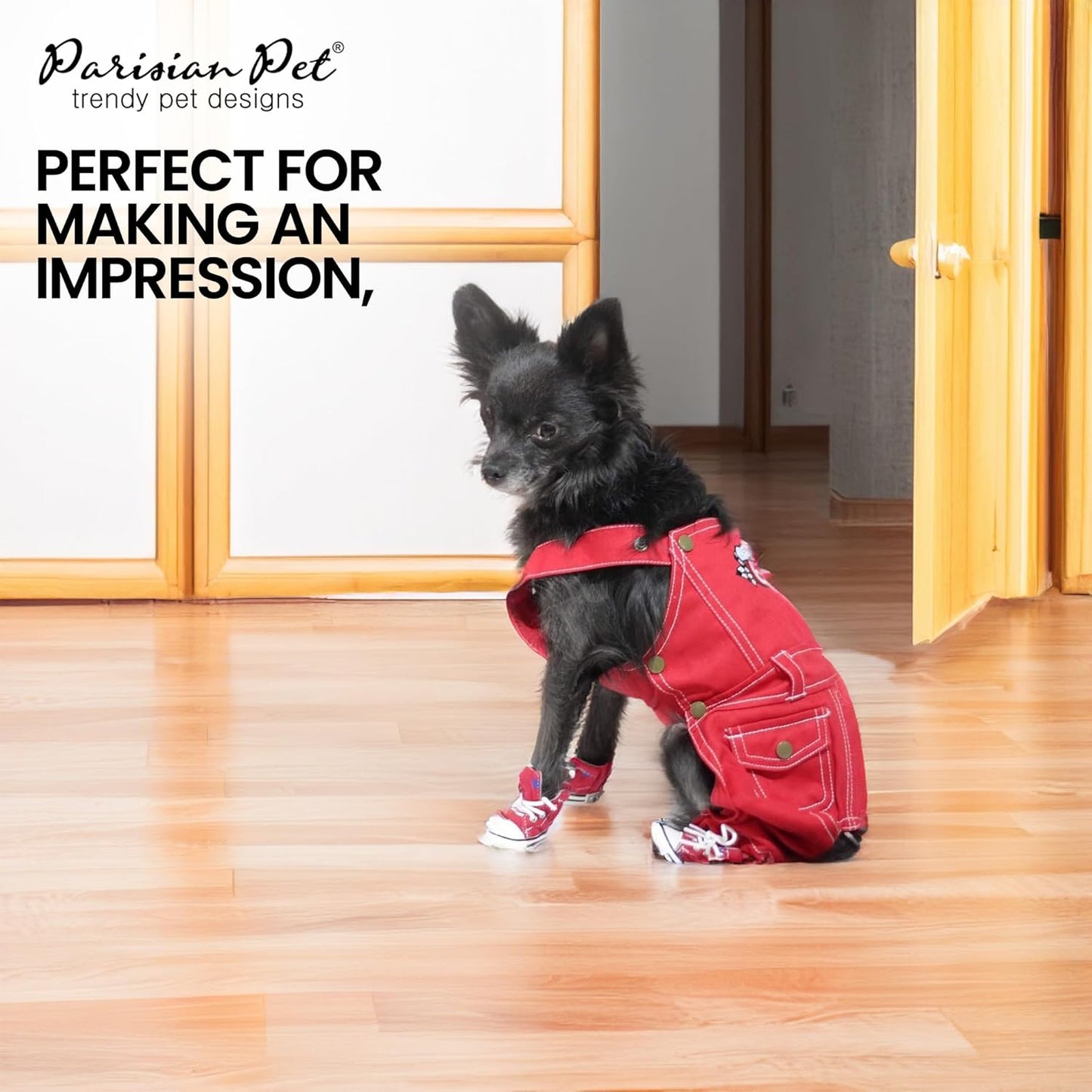 Denim Dog Overalls - Embroidered 'Route 66' Red Jumpsuit - Breathable, Machine-Washable Medium Dog Costume