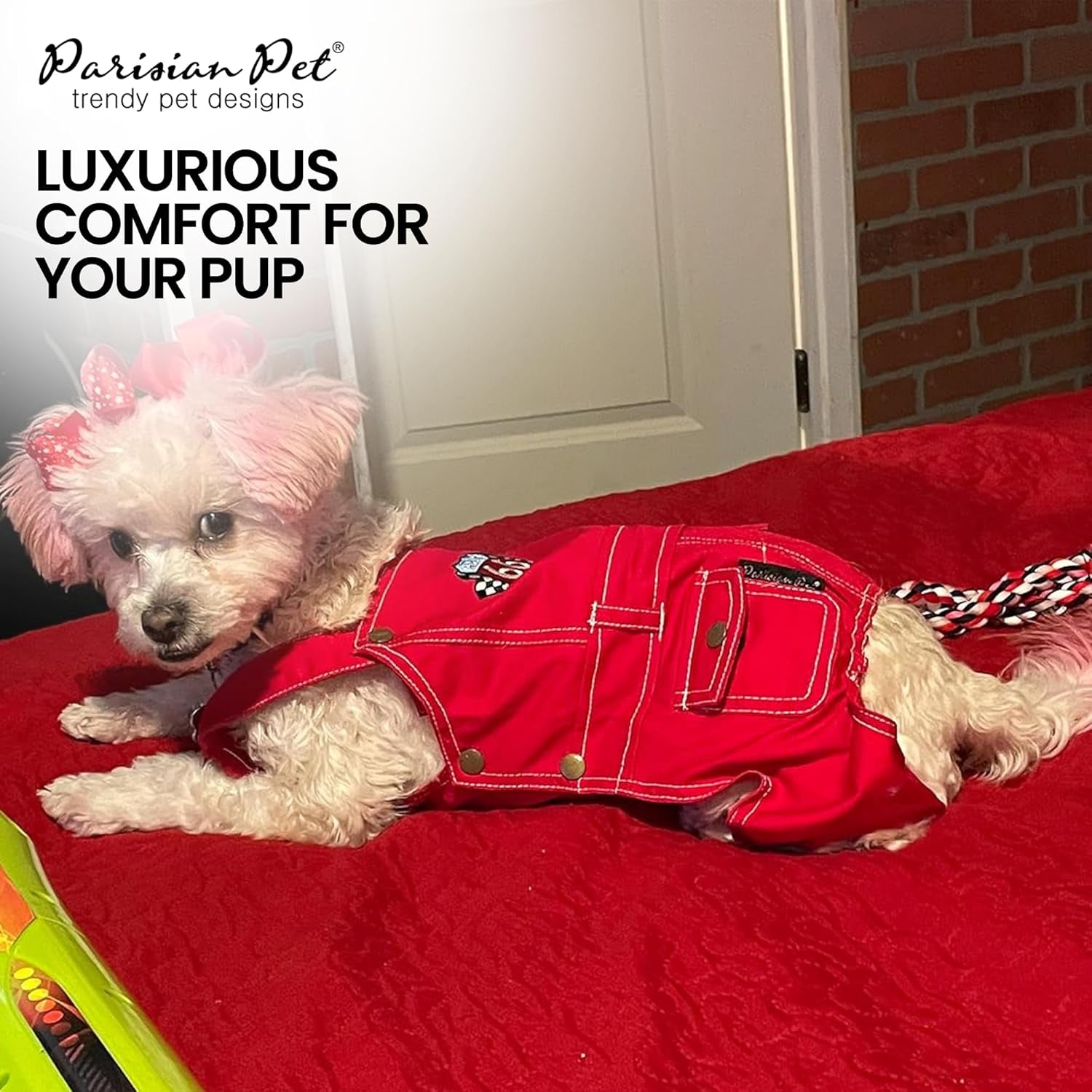 Denim Dog Overalls - Embroidered 'Route 66' Red Jumpsuit - Breathable, Machine-Washable Medium Dog Costume