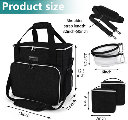 Dog Travel Bag, Pet Travel Bag (All Pet Travel Supplies), with 2 Pet Food Containers and 2 Collapsible Silicone Bowls; Essential Kits for Travel Black