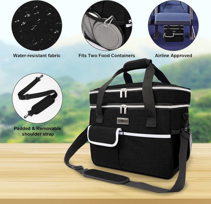 Dog Travel Bag for Supplies - Double-Layer Airline Approved Weekend Pet Travel Organizer Set for Dog and Cat Tote with 2 Pet Food Containers and 2 Collapsible Silicone Bowls Black