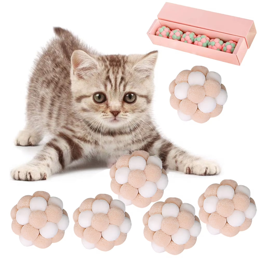 Cat Toy Balls (6 PCS) - Colorful Cat Ball Toy Built-In Bell Interactive Cat Ball Toy Soft Pompom Balls with Exquisite Gift Box for Indoor Cats Kitten
