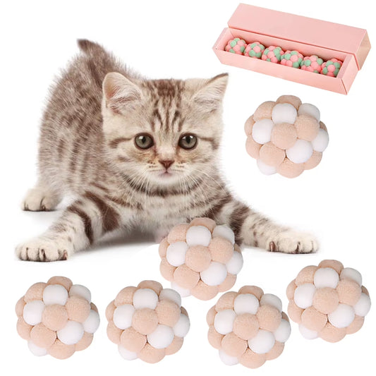 Cat Toy Balls (6 PCS) - Colorful Cat Ball Toy Built-In Bell Interactive Cat Ball Toy Soft Pompom Balls with Exquisite Gift Box for Indoor Cats Kitten