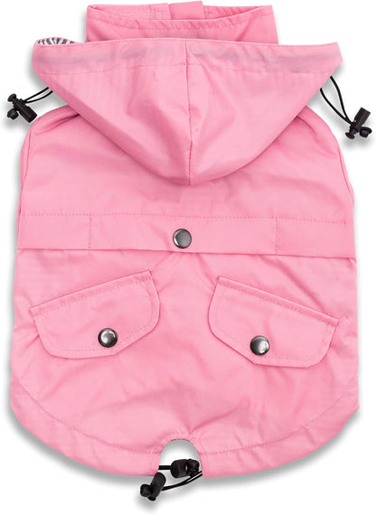 Zip up Dog Raincoats with Reflective Buttons, Pockets, Rain/Water Resistant, Adjustable Drawstring, & Removable Hood - XXS to XXL - Stylish Premium Dog Raincoats (Pink, Medium)