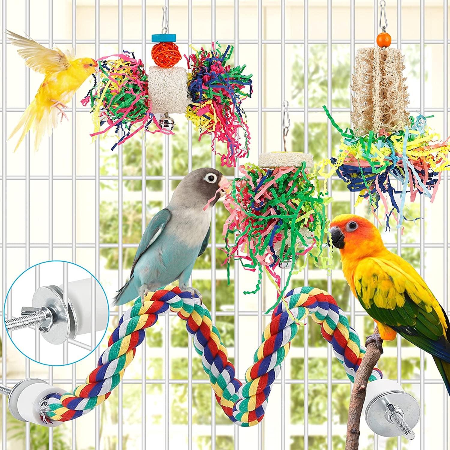 Colorful Bird Foraging and Chewing Toys - Perfect for Parakeets, Conures, Cockatiels, Budgies, Lovebirds, and Parrotlets (Rope Perch Not Included)