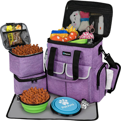 Dog Travel Bag Pet Supplies Accessories Organizer for Traveling, Camping, Weekend; Cat Pet Travel Bag Kit Includes 2 Food Storage Containers, 2 Collapsible Bowls, 1 Feeding Mat (Purple)